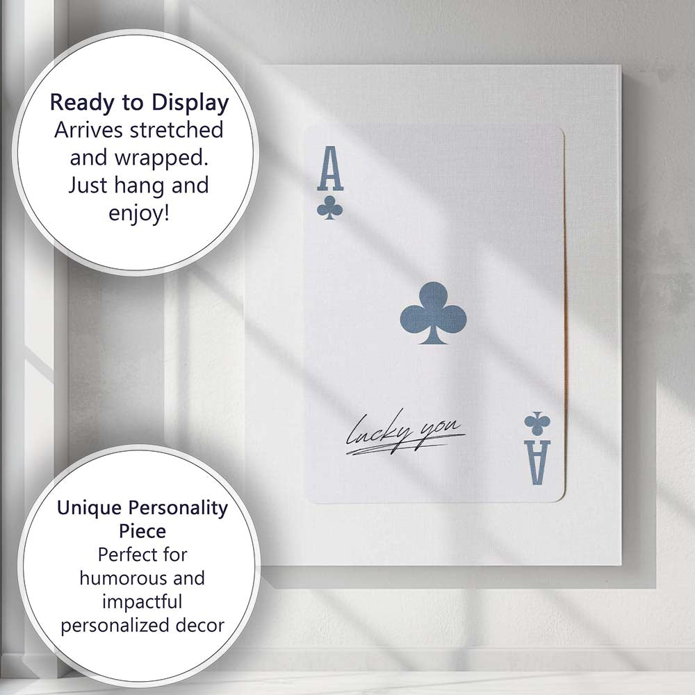 Minimalist Blue Grey Ace of Clubs Lucky You Typography Playing Card Canvas Wall Art Print Decor Picture Ready to Hang
