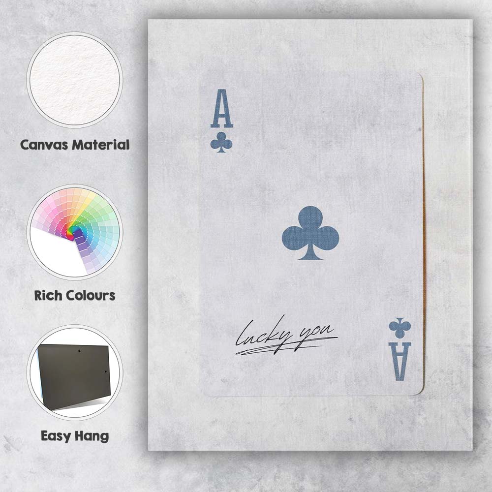 Minimalist Blue Grey Ace of Clubs Lucky You Typography Playing Card Canvas Wall Art Print Decor Picture Ready to Hang