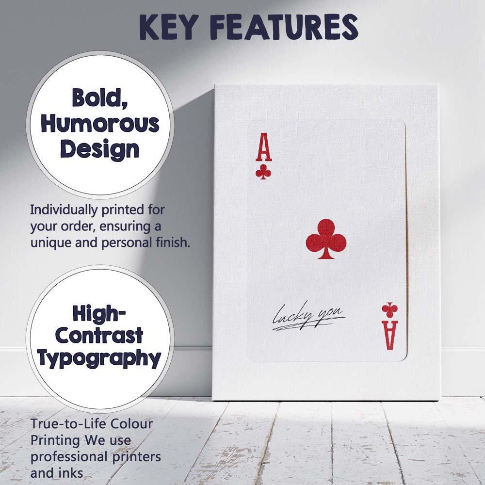 Minimalist Red Ace of Clubs Lucky You Typography Playing Card Canvas Wall Art Print Decor Picture Ready to Hang