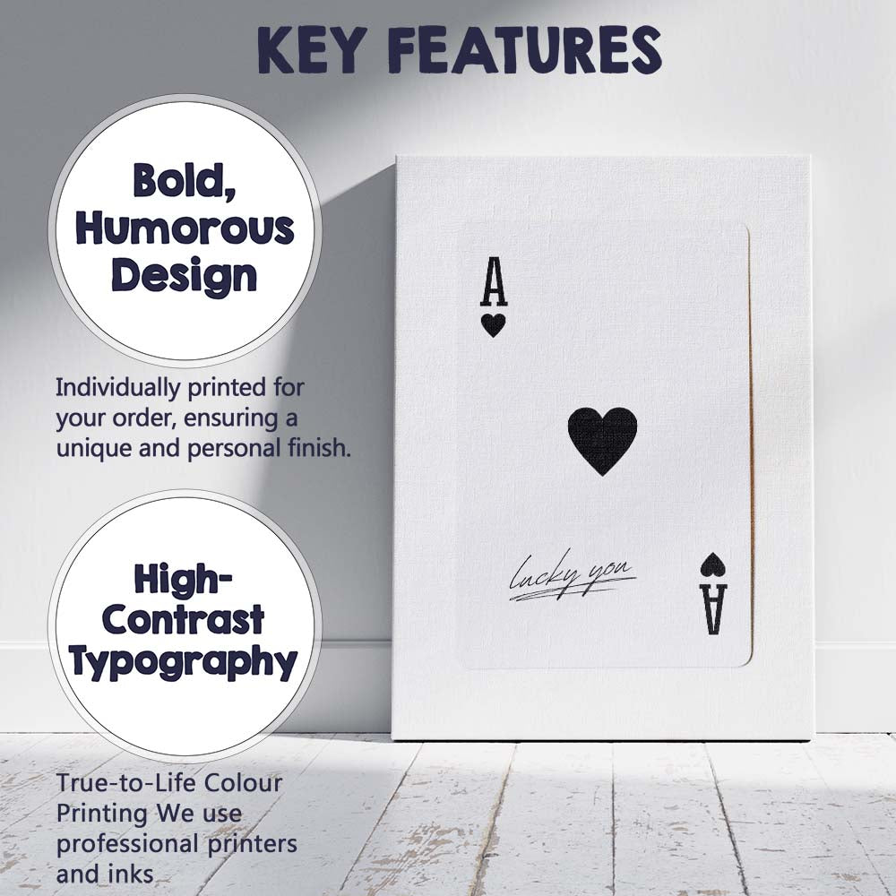 Minimalist Black Ace of Hearts Lucky You Typography Playing Card Canvas Wall Art Print Decor Picture Ready to Hang