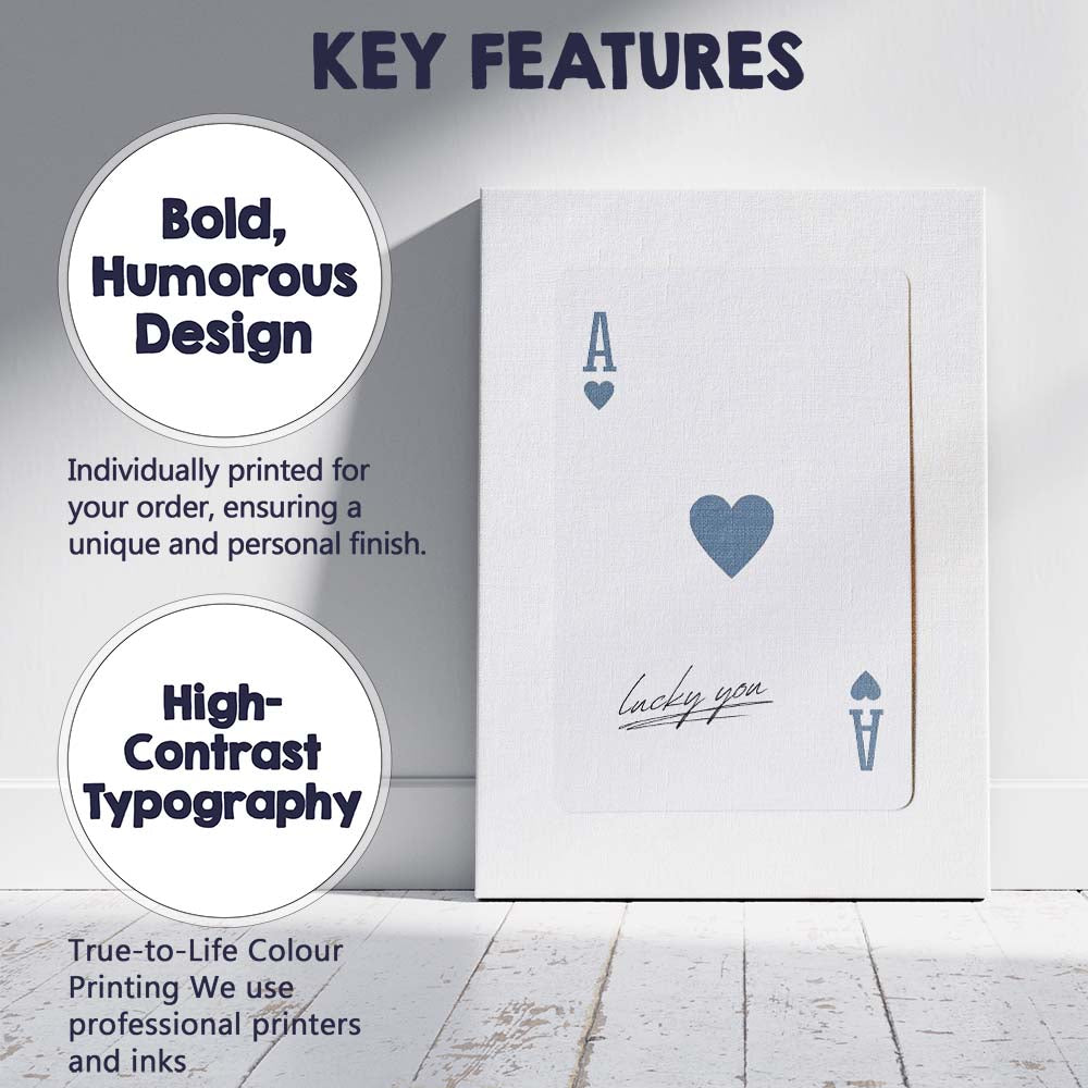 Minimalist Blue Grey Ace of Hearts Lucky You Typography Playing Card Canvas Wall Art Print Decor Picture Ready to Hang