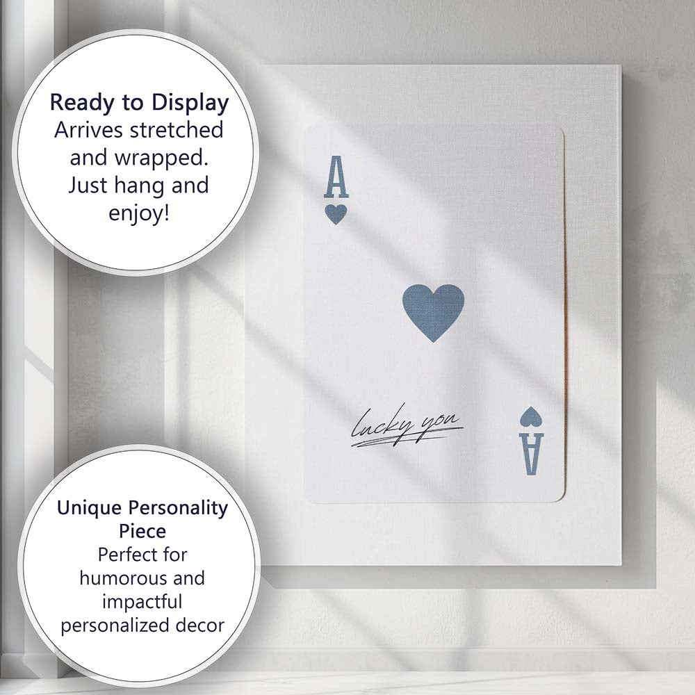 Minimalist Blue Grey Ace of Hearts Lucky You Typography Playing Card Canvas Wall Art Print Decor Picture Ready to Hang