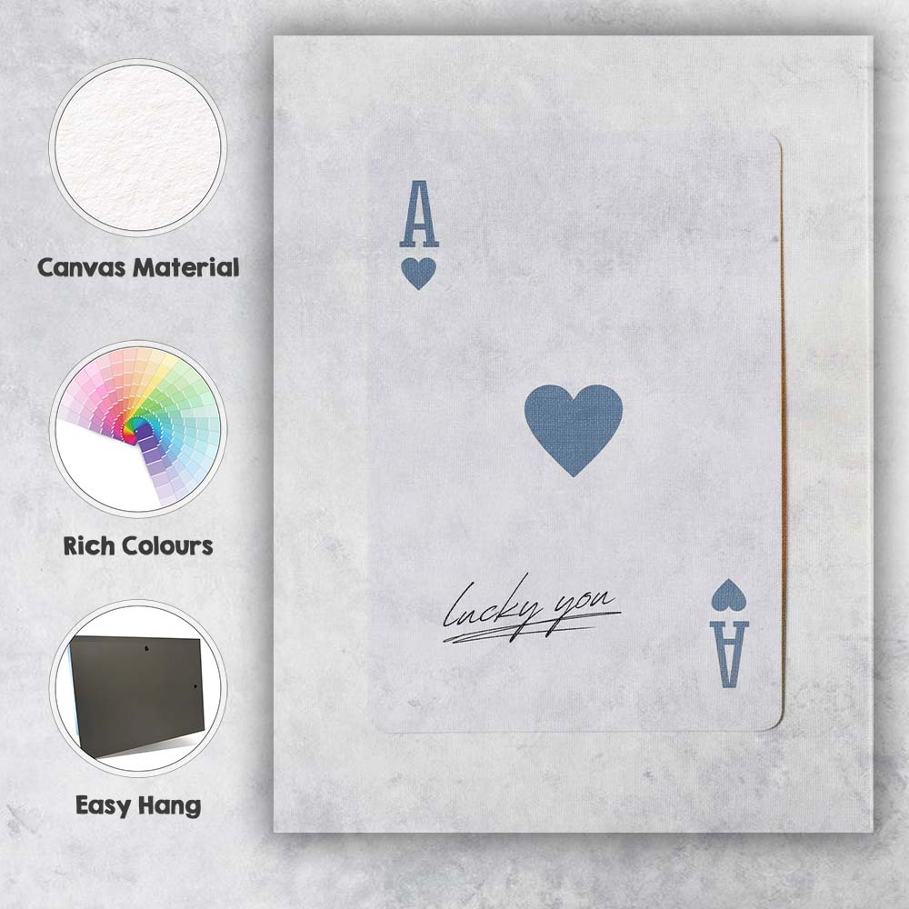 Minimalist Blue Grey Ace of Hearts Lucky You Typography Playing Card Canvas Wall Art Print Decor Picture Ready to Hang