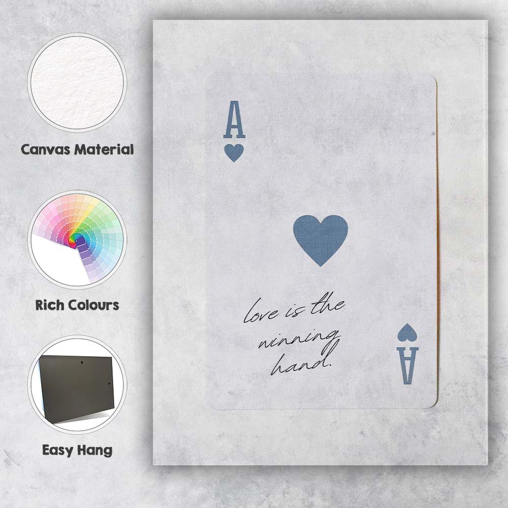 Minimalist Blue Grey Ace of Hearts Love Is The Winning Hand Typography Playing Card Canvas Wall Art Print Decor Picture Ready to Hang