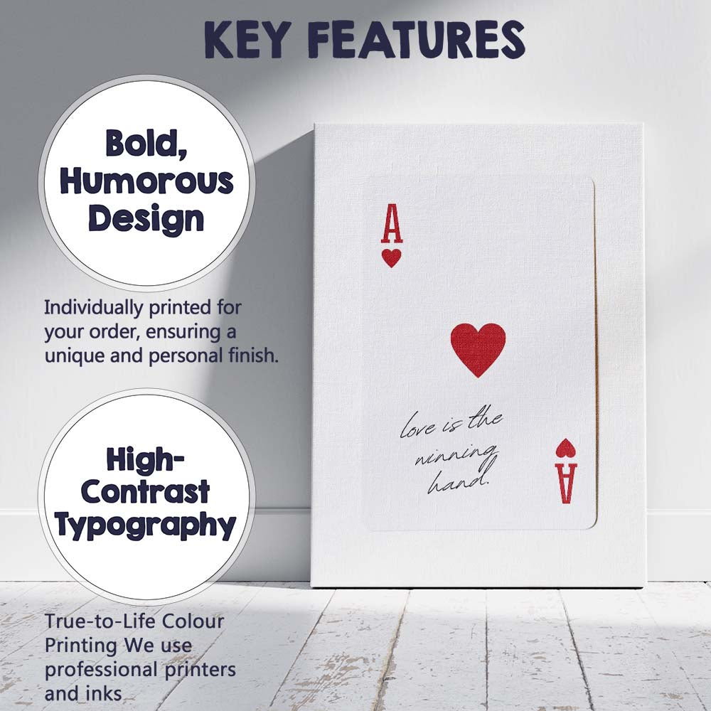 Minimalist Red Ace of Hearts Love Is The Winning Hand Typography Playing Card Canvas Wall Art Print Decor Picture Ready to Hang