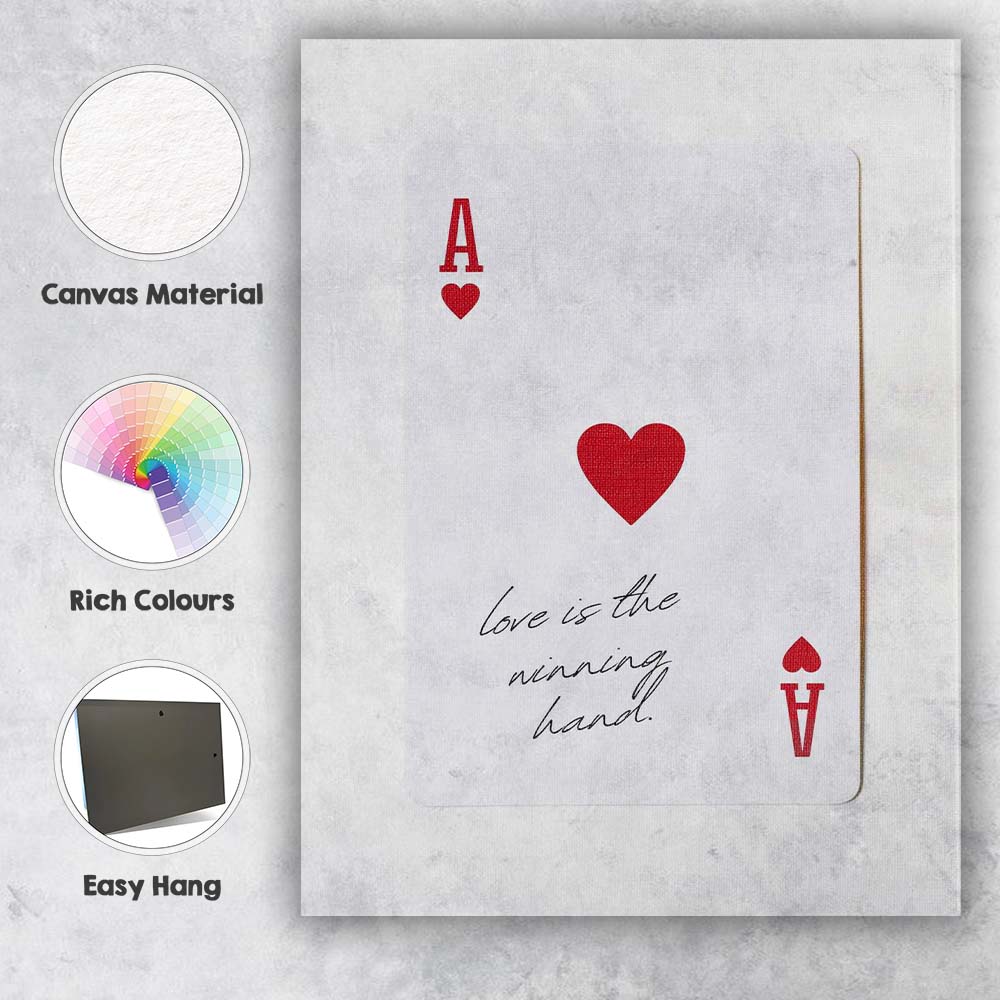 Minimalist Red Ace of Hearts Love Is The Winning Hand Typography Playing Card Canvas Wall Art Print Decor Picture Ready to Hang