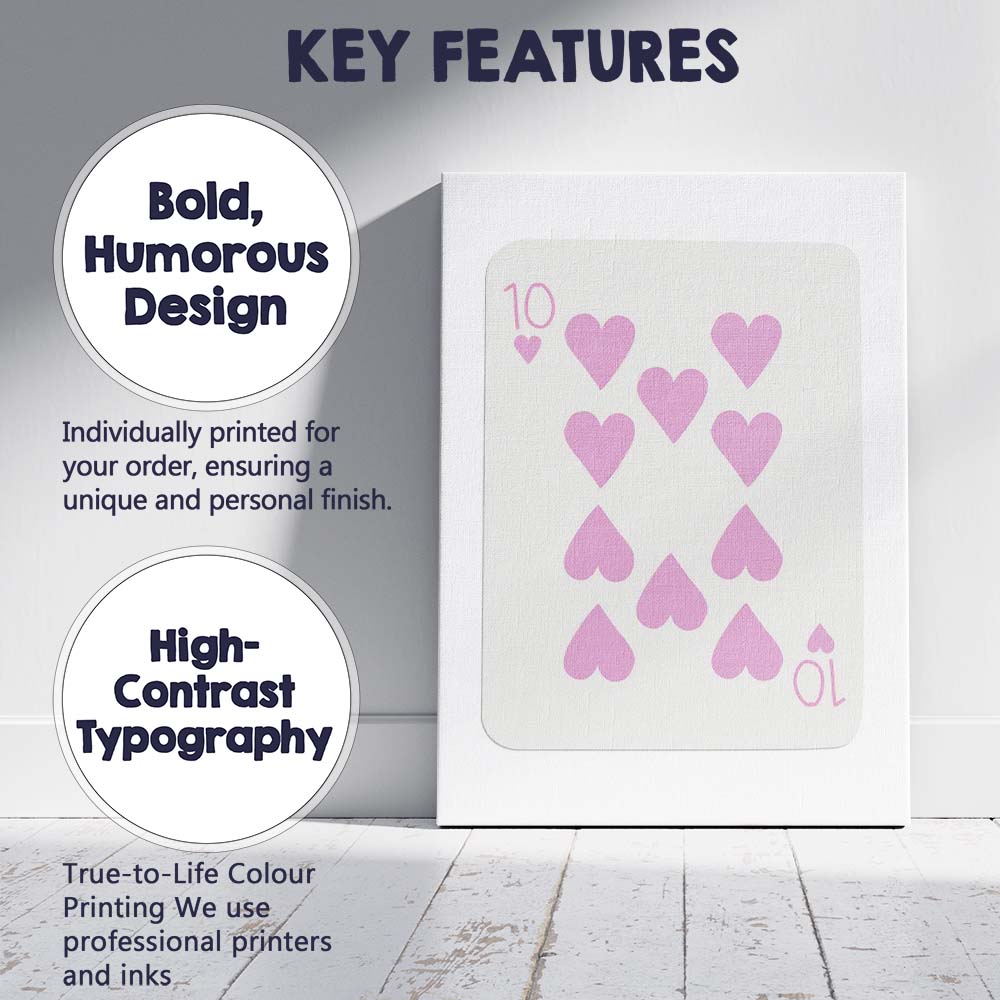 Minimalist Pastel Pink Ten of Hearts Playing Card Canvas Wall Art Print Decor Picture Ready to Hang