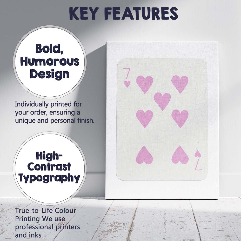 Minimalist Pastel Pink Seven of Hearts Playing Card Canvas Wall Art Print Decor Picture Ready to Hang