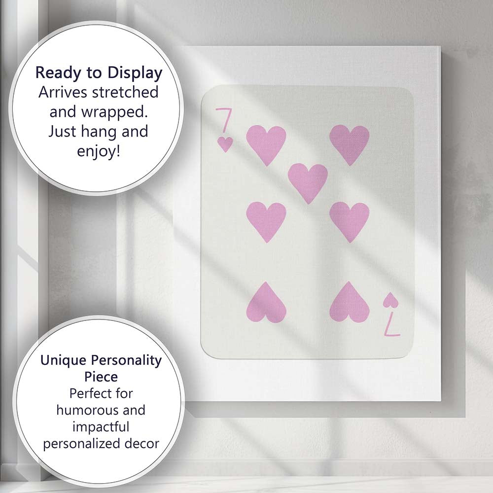 Minimalist Pastel Pink Seven of Hearts Playing Card Canvas Wall Art Print Decor Picture Ready to Hang