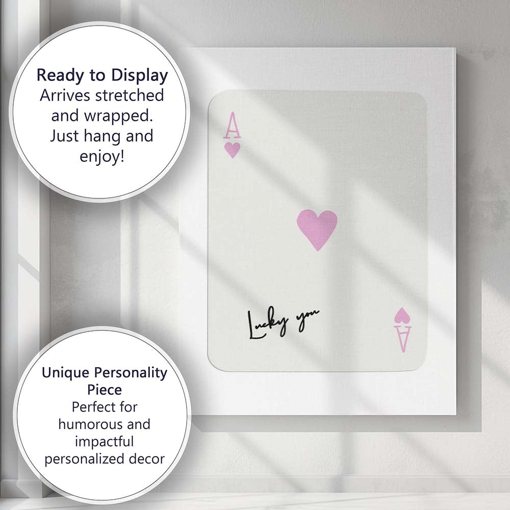 Minimalist Pastel Pink Ace of Hearts Lucky You Typography Playing Card Canvas Wall Art Print Decor Picture Ready to Hang