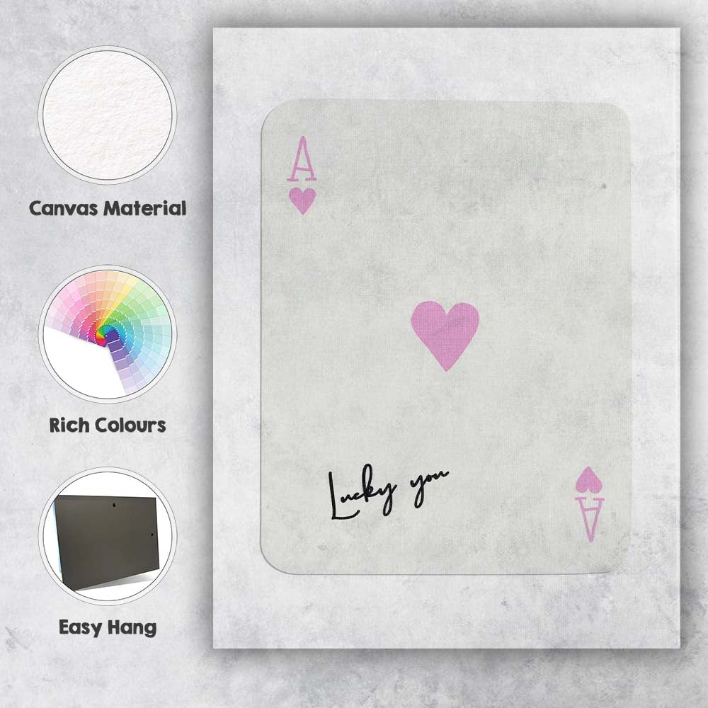 Minimalist Pastel Pink Ace of Hearts Lucky You Typography Playing Card Canvas Wall Art Print Decor Picture Ready to Hang