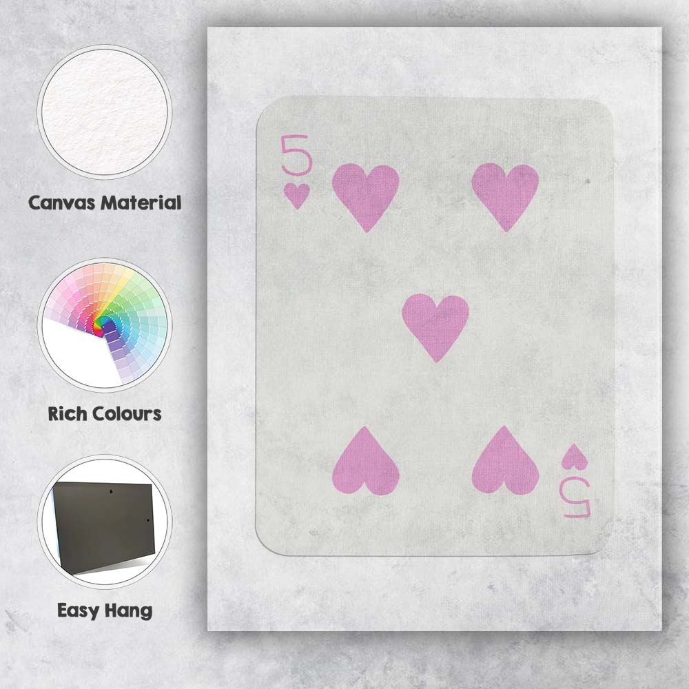 Minimalist Pastel Pink Five of Hearts Playing Card Canvas Wall Art Print Decor Picture Ready to Hang