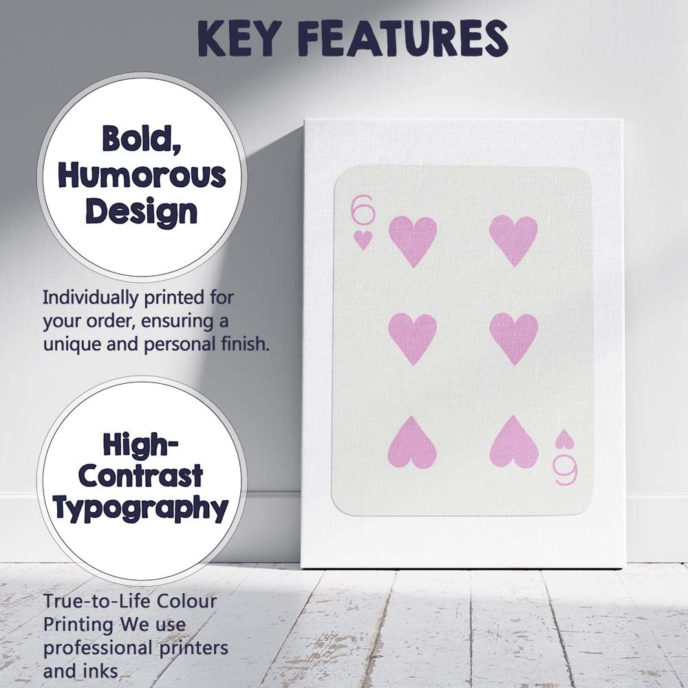 Minimalist Pastel Pink Six of Hearts Playing Card Canvas Wall Art Print Decor Picture Ready to Hang
