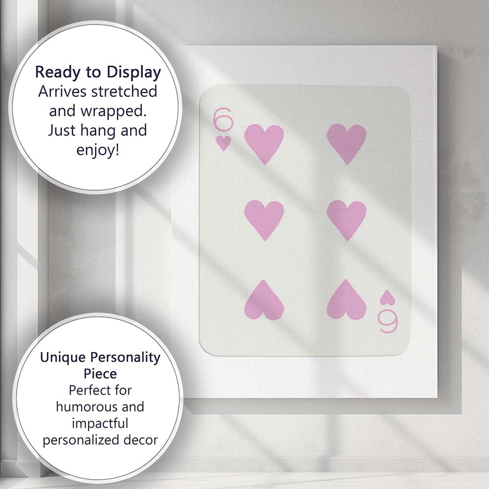 Minimalist Pastel Pink Six of Hearts Playing Card Canvas Wall Art Print Decor Picture Ready to Hang