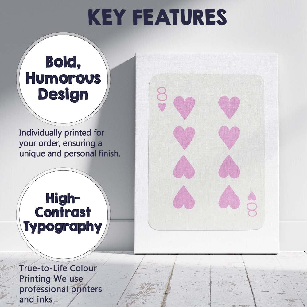 Minimalist Pastel Pink Eight of Hearts Playing Card Canvas Wall Art Print Decor Picture Ready to Hang
