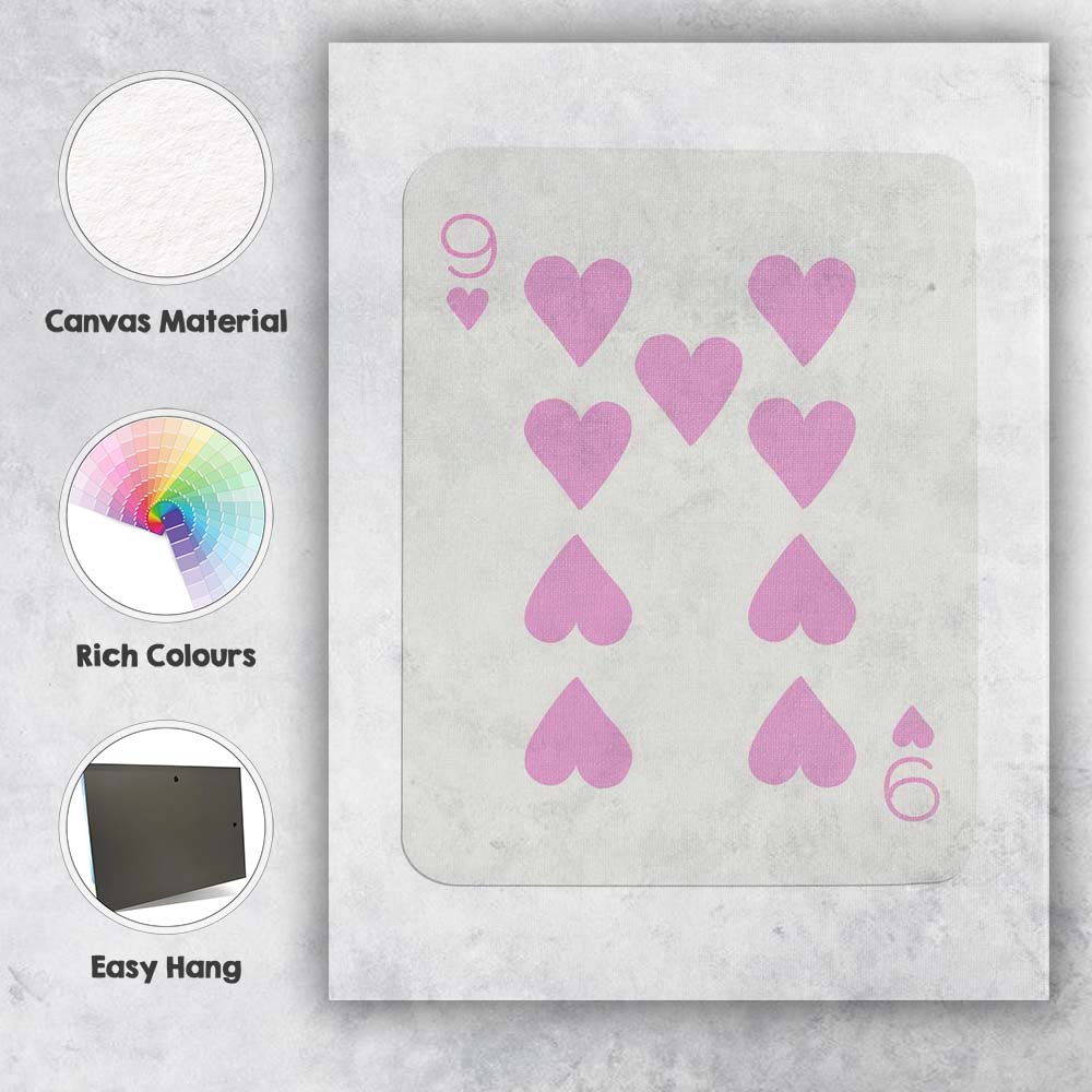 Minimalist Pastel Pink Nine of Hearts Playing Card Canvas Wall Art Print Decor Picture Ready to Hang