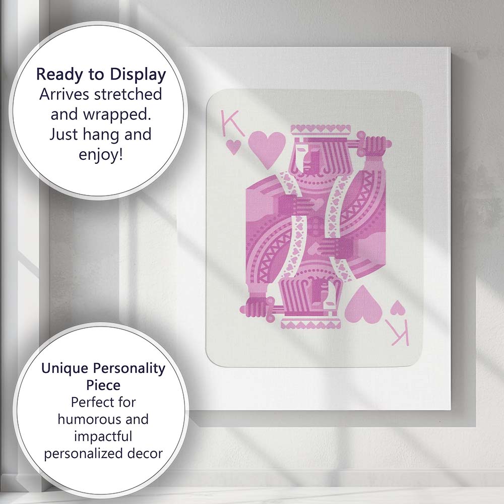 Minimalist Pastel Pink King of Hearts Playing Card Illustration Canvas Wall Art Print Decor Picture Ready to Hang