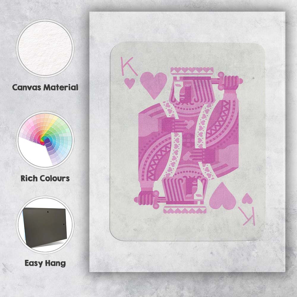 Minimalist Pastel Pink King of Hearts Playing Card Illustration Canvas Wall Art Print Decor Picture Ready to Hang