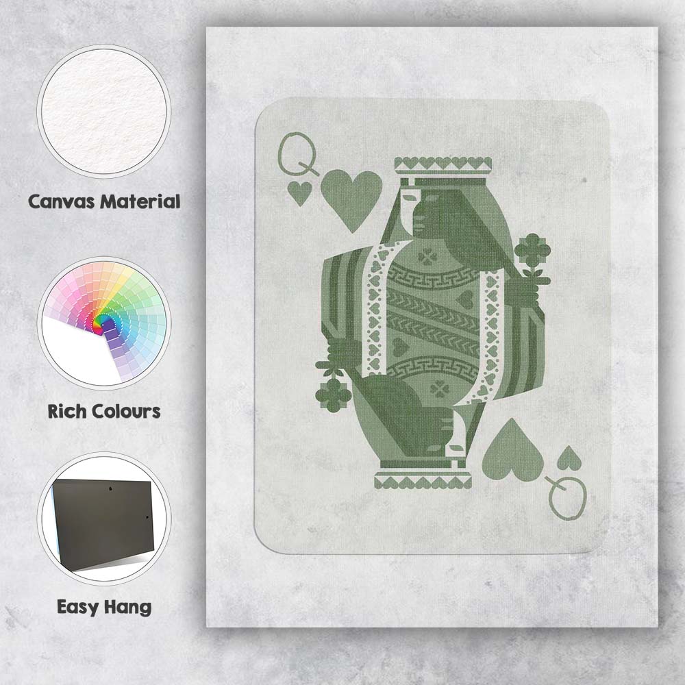 Minimalist Sage Green Queen of Hearts Playing Card Illustration Canvas Wall Art Print Decor Picture Ready to Hang