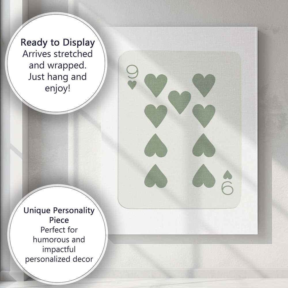 Minimalist Sage Green Nine of Hearts Playing Card Canvas Wall Art Print Decor Picture Ready to Hang