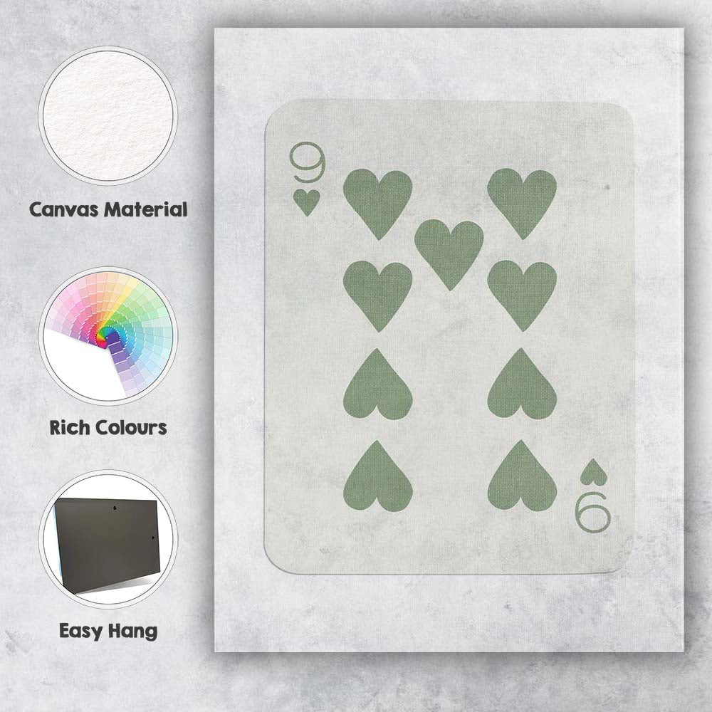 Minimalist Sage Green Nine of Hearts Playing Card Canvas Wall Art Print Decor Picture Ready to Hang