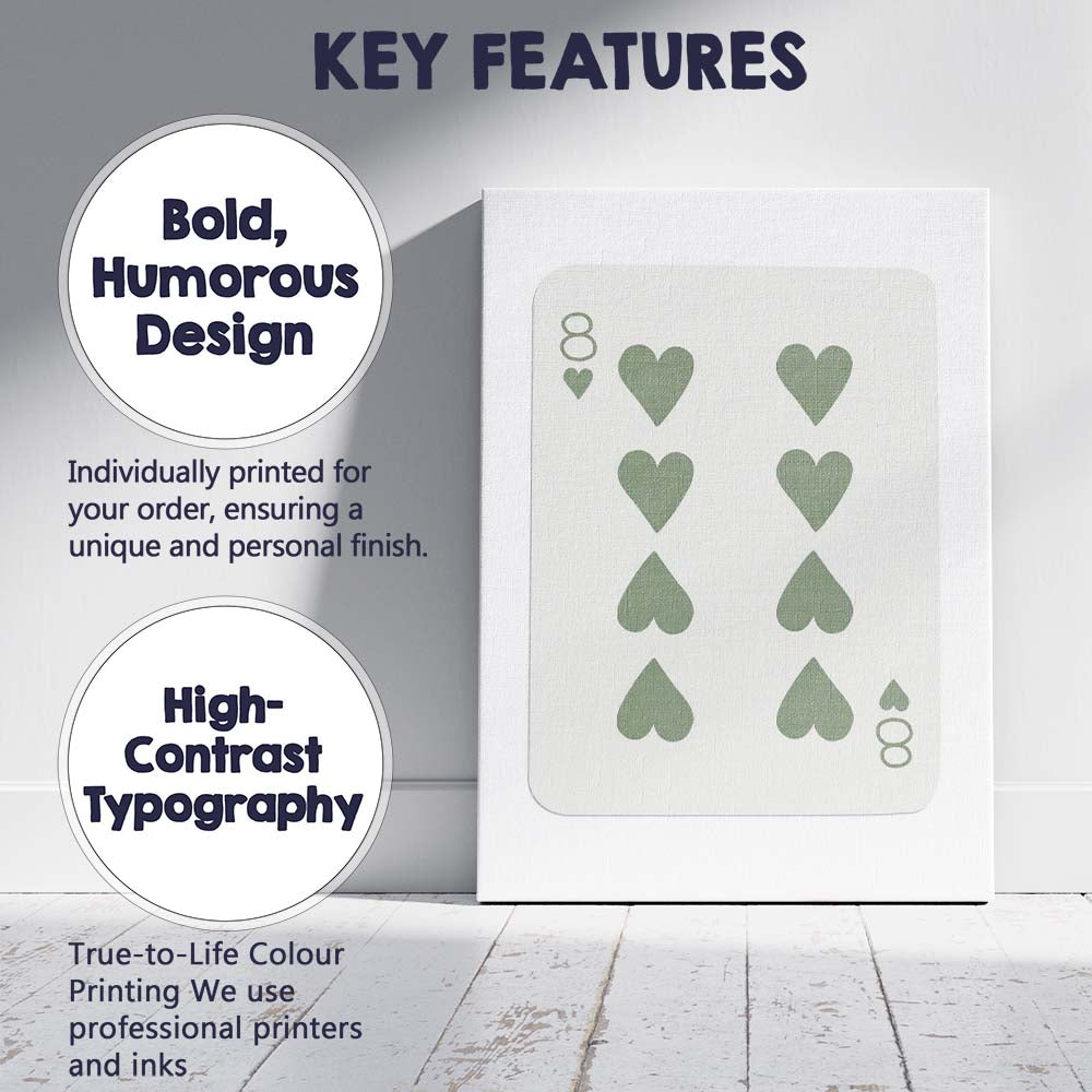 Minimalist Sage Green Eight of Hearts Playing Card Canvas Wall Art Print Decor Picture Ready to Hang