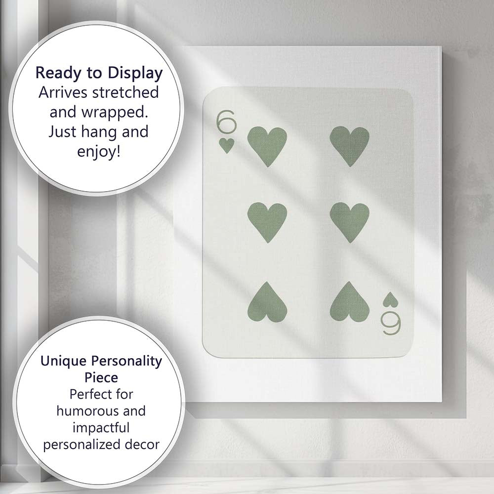 Minimalist Sage Green Six of Hearts Playing Card Canvas Wall Art Print Decor Picture Ready to Hang
