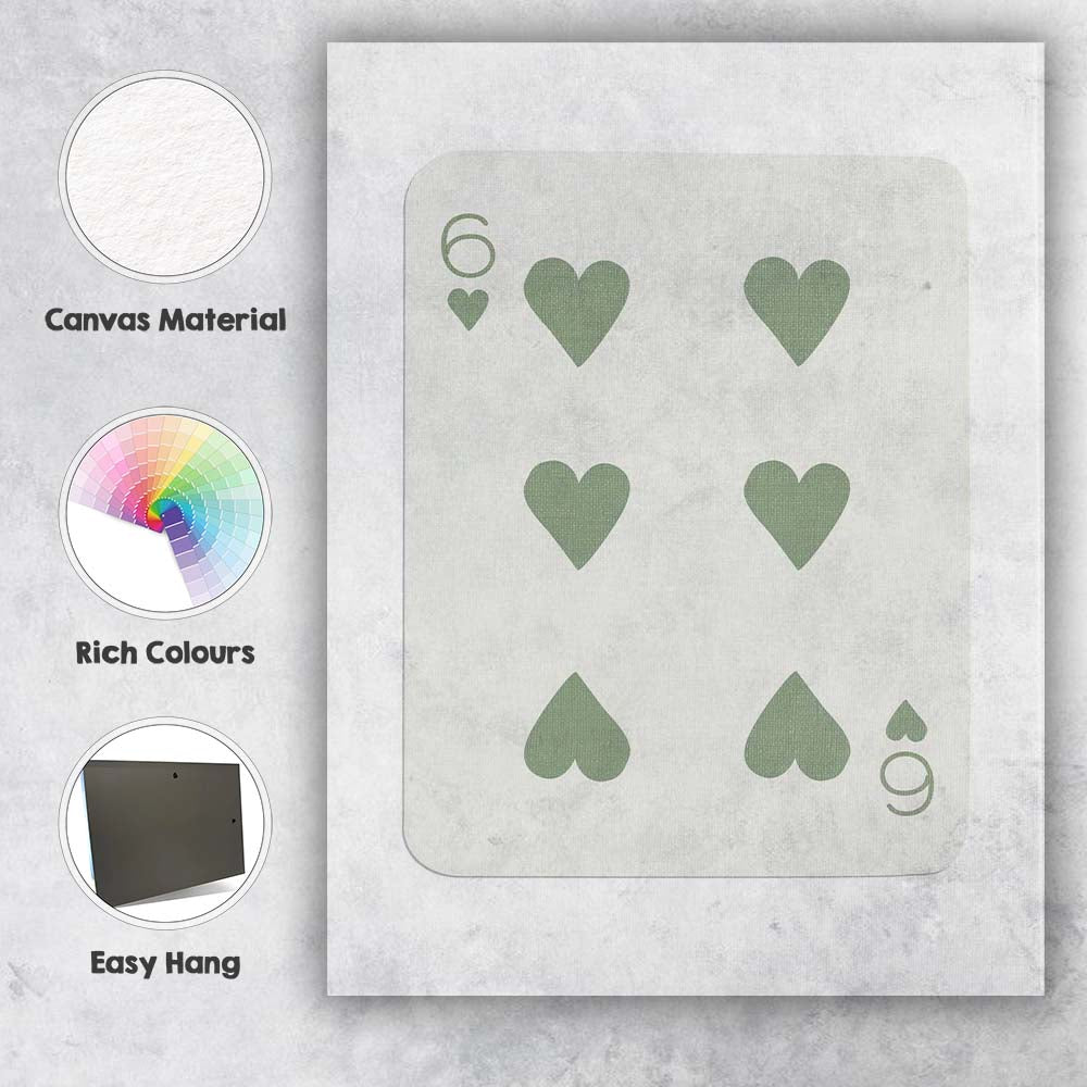 Minimalist Sage Green Six of Hearts Playing Card Canvas Wall Art Print Decor Picture Ready to Hang
