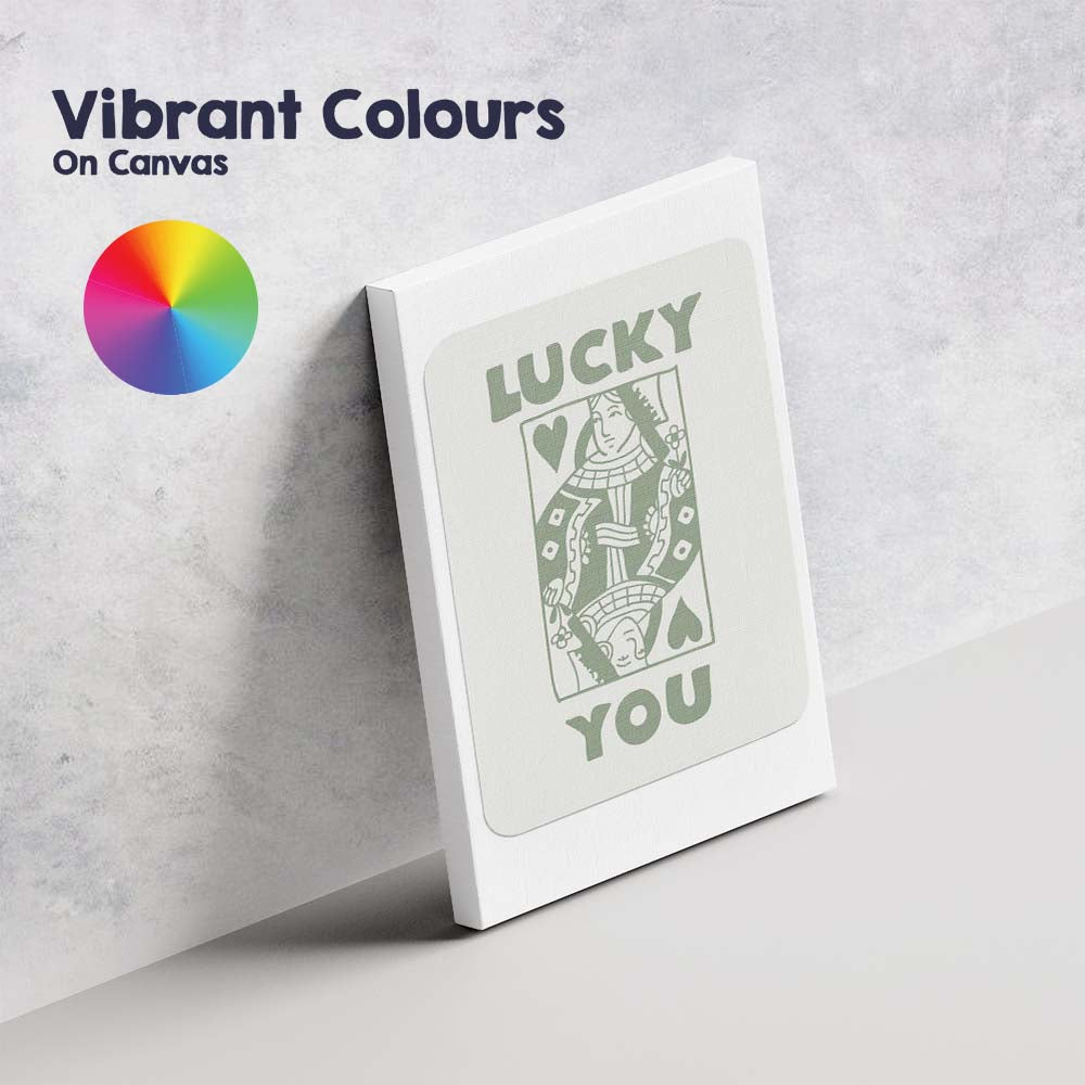 Minimalist Sage Green Lucky You Queen of Hearts Typography Playing Card Canvas Wall Art Print Decor Picture Ready to Hang