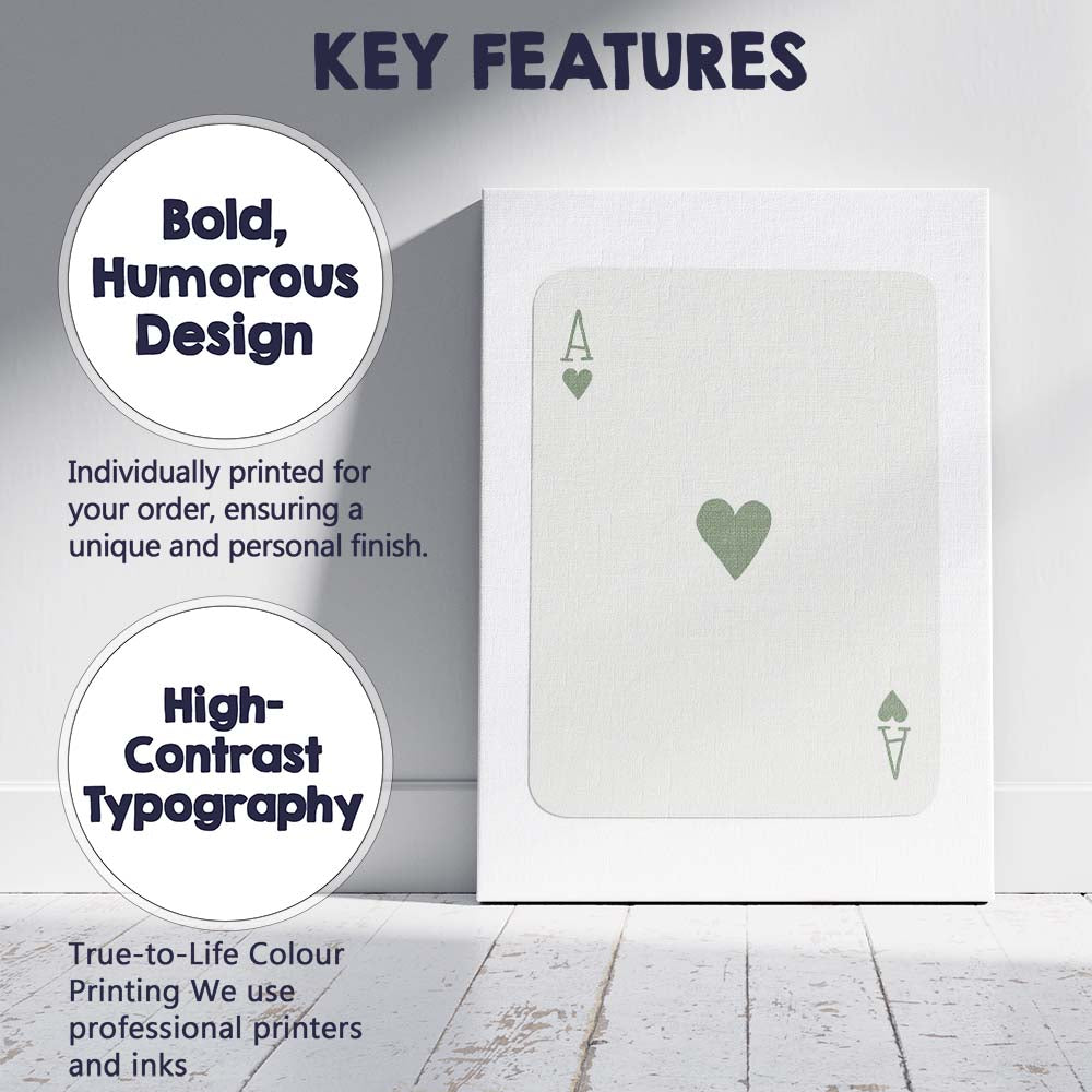 Minimalist Sage Green Ace of Hearts Playing Card Canvas Wall Art Print Decor Picture Ready to Hang