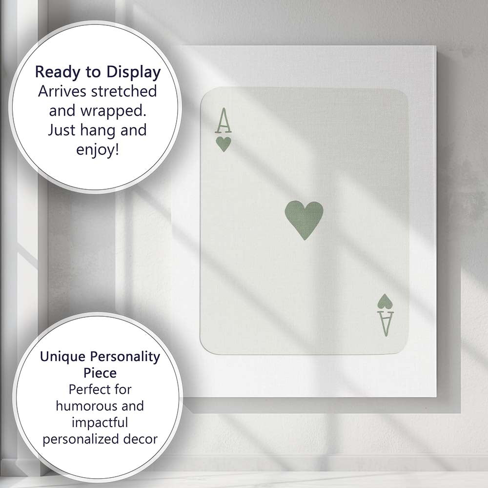 Minimalist Sage Green Ace of Hearts Playing Card Canvas Wall Art Print Decor Picture Ready to Hang