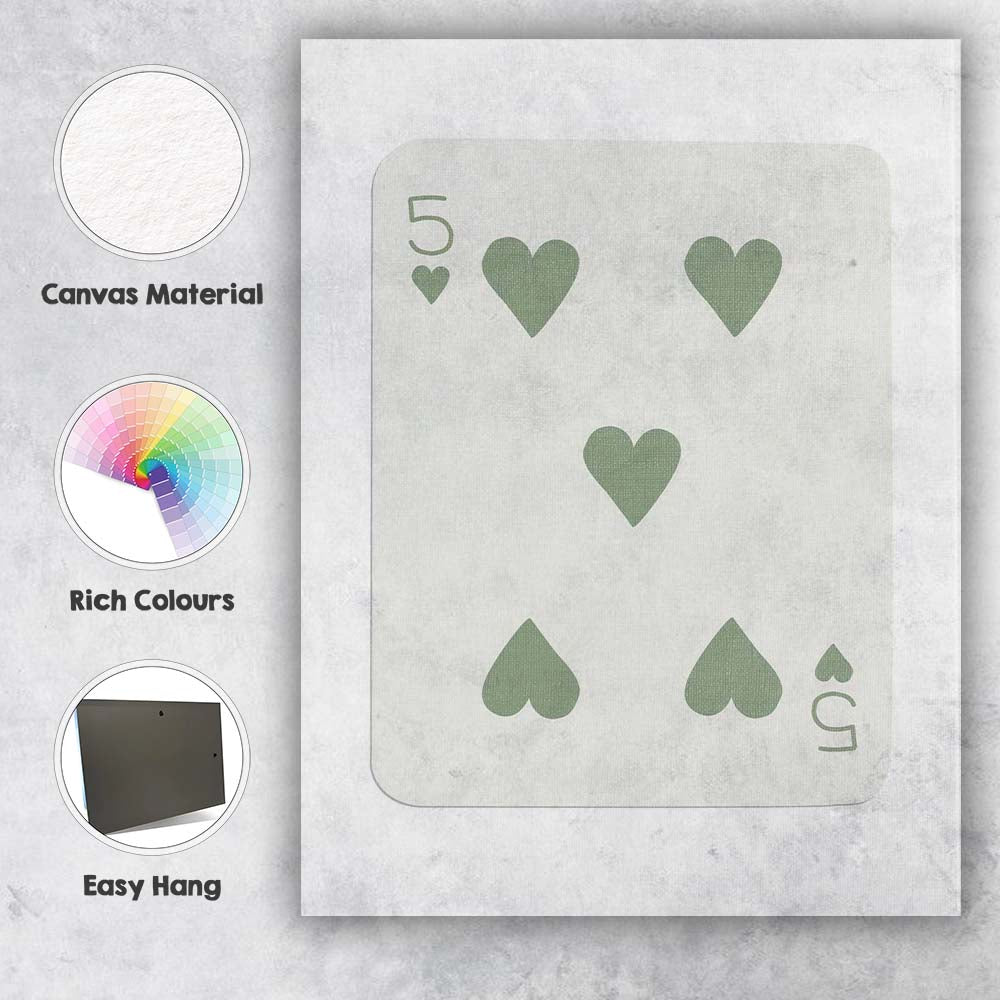 Minimalist Sage Green Five of Hearts Playing Card Canvas Wall Art Print Decor Picture Ready to Hang