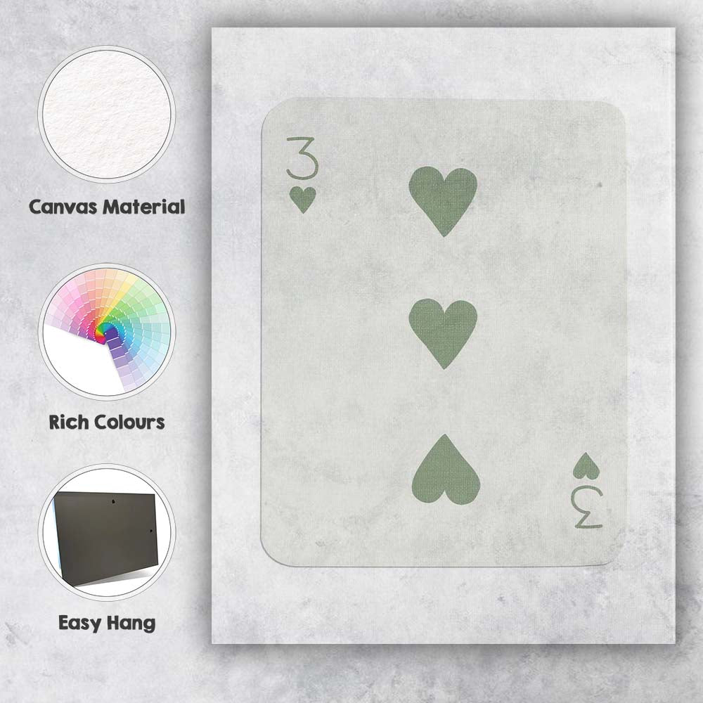 Minimalist Sage Green Three of Hearts Playing Card Canvas Wall Art Print Decor Picture Ready to Hang