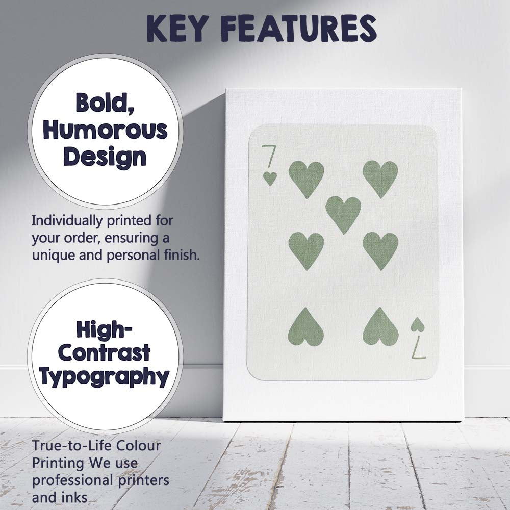 Minimalist Sage Green Seven of Hearts Playing Card Canvas Wall Art Print Decor Picture Ready to Hang