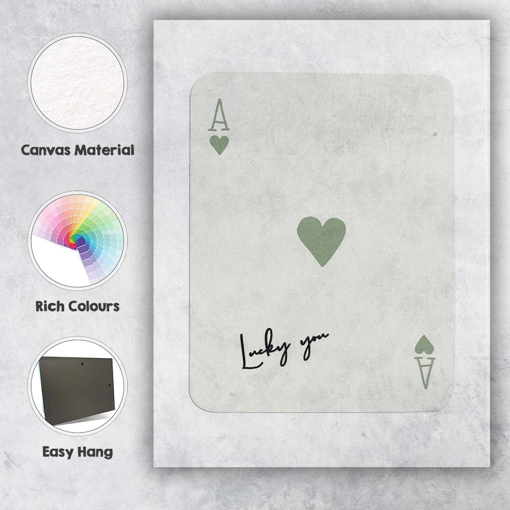 Minimalist Sage Green Lucky You Ace of Hearts Typography Playing Card Canvas Wall Art Print Decor Picture Ready to Hang