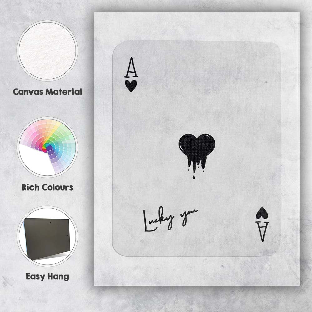 Modern Black Melting Heart Lucky You Ace of Hearts Playing Card Canvas Wall Art Print Decor Picture Ready to Hang