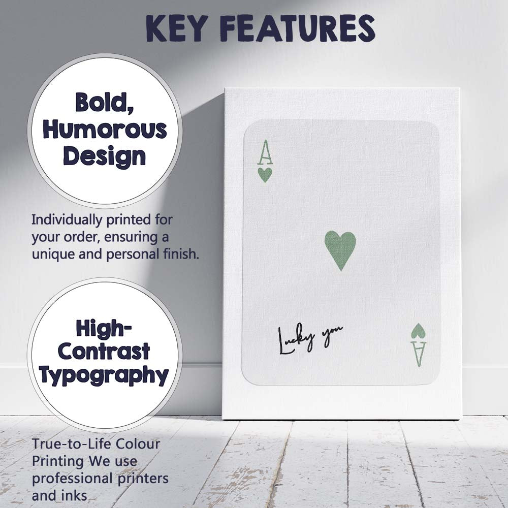Minimalist Sage Green Lucky You Ace of Hearts Minimal Playing Card Canvas Wall Art Print Decor Picture Ready to Hang