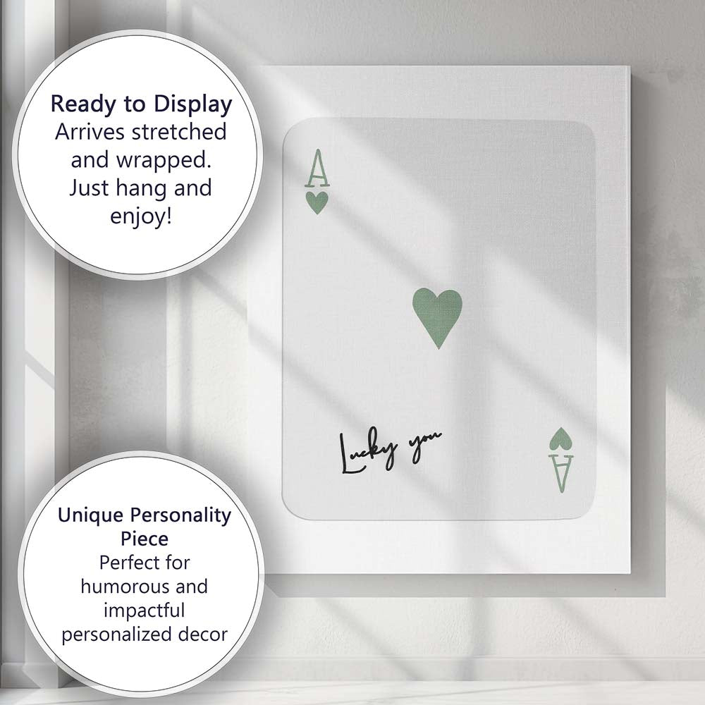 Minimalist Sage Green Lucky You Ace of Hearts Minimal Playing Card Canvas Wall Art Print Decor Picture Ready to Hang