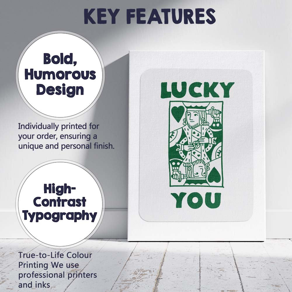 Retro Green Lucky You King of Hearts Typography Playing Card Canvas Wall Art Print Decor Picture Ready to Hang