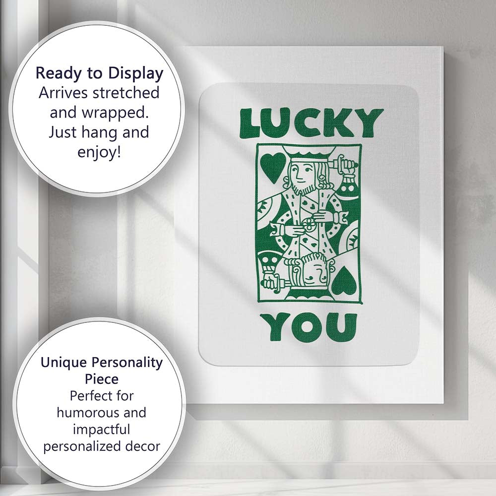 Retro Green Lucky You King of Hearts Typography Playing Card Canvas Wall Art Print Decor Picture Ready to Hang