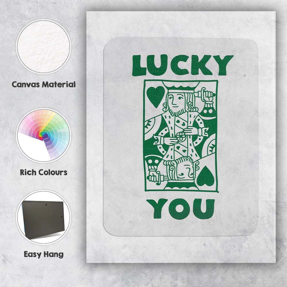 Retro Green Lucky You King of Hearts Typography Playing Card Canvas Wall Art Print Decor Picture Ready to Hang