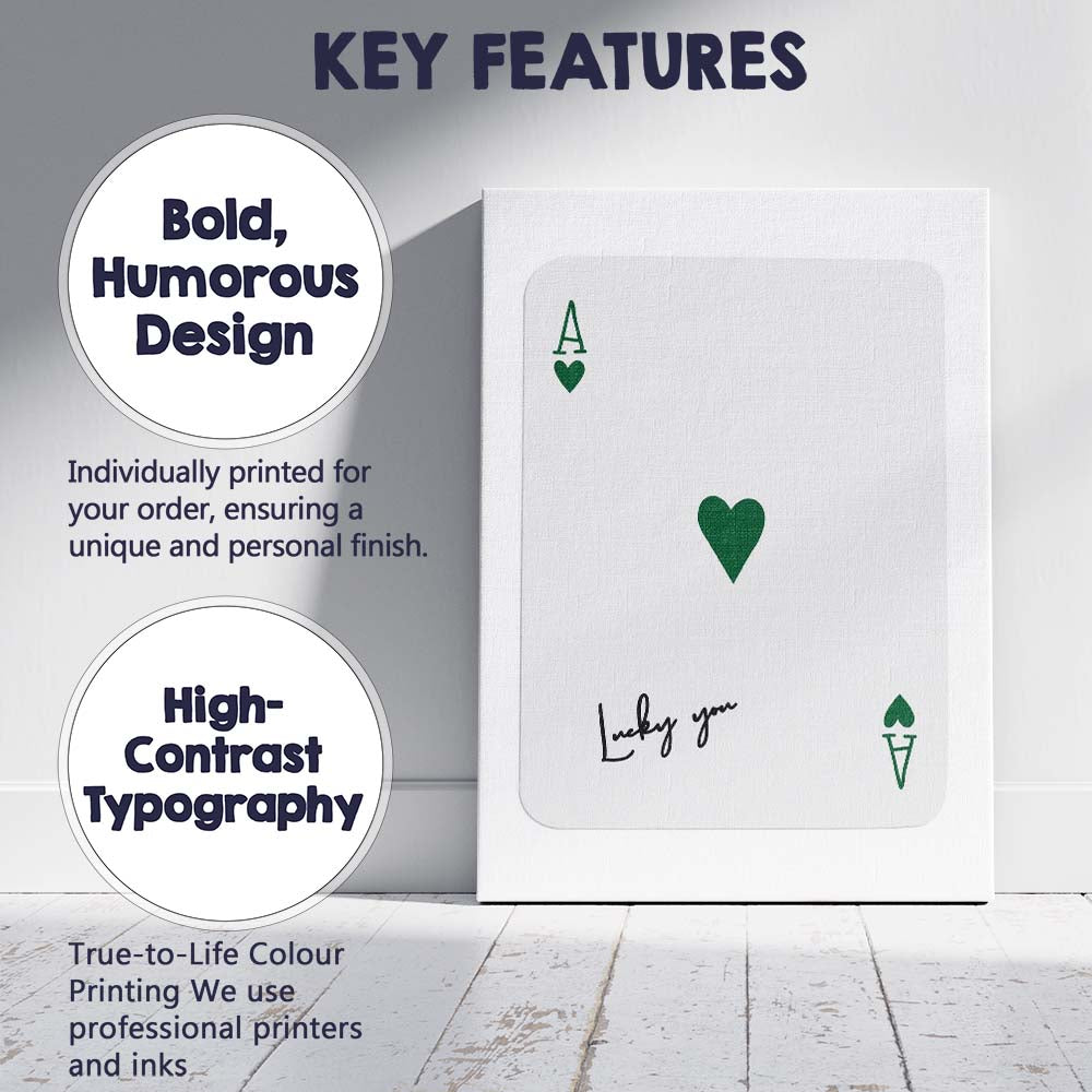 Minimalist Dark Green Lucky You Ace of Hearts Playing Card Canvas Wall Art Print Decor Picture Ready to Hang