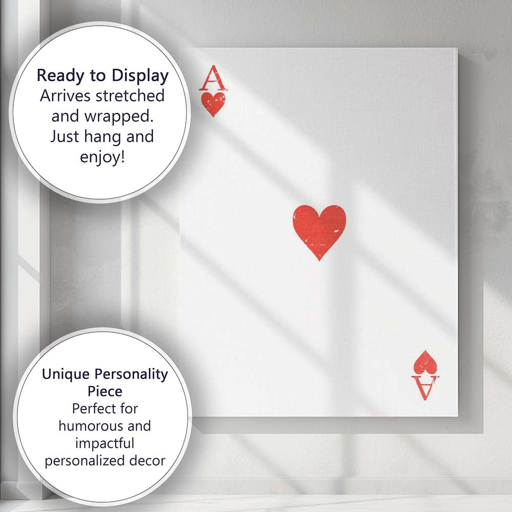 Minimalist Distressed Red Ace of Hearts Playing Card Canvas Wall Art Print Decor Picture Ready to Hang