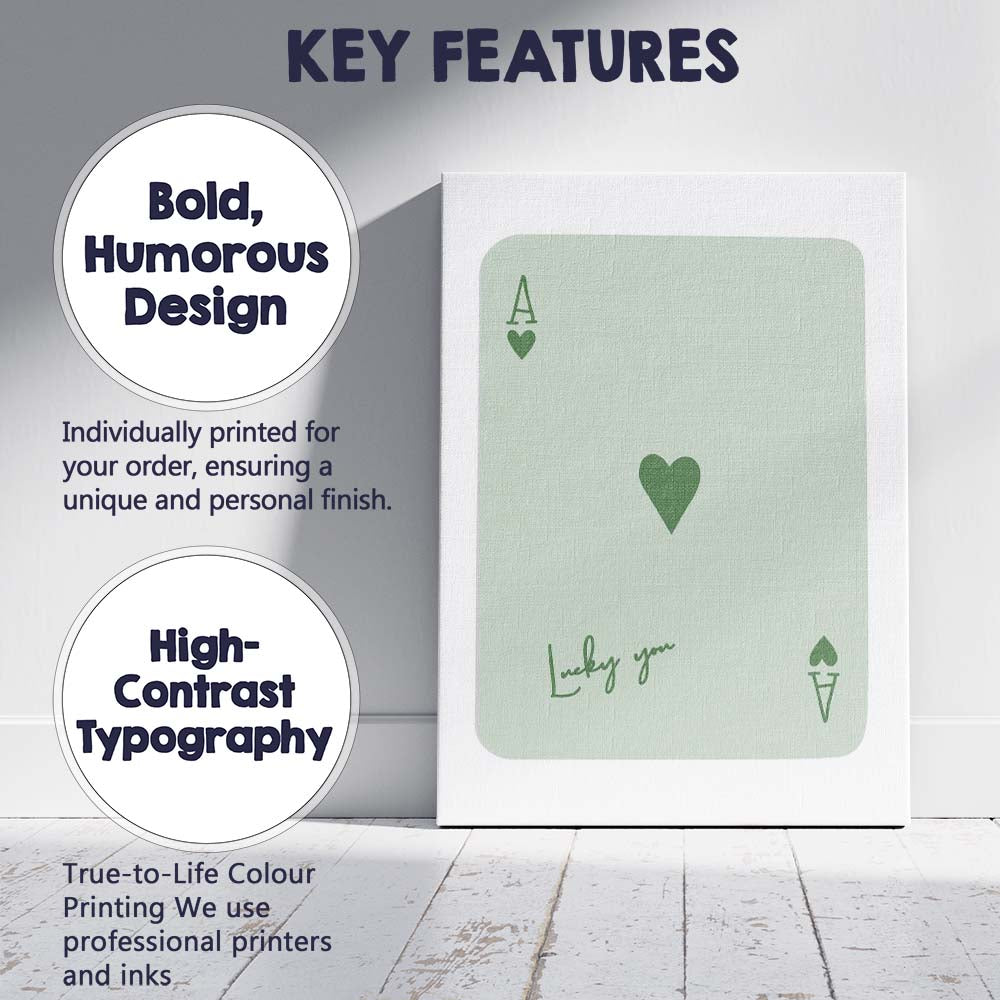 Minimalist Sage Green Lucky You Ace of Hearts Playing Card Canvas Wall Art Print Decor Picture Ready to Hang