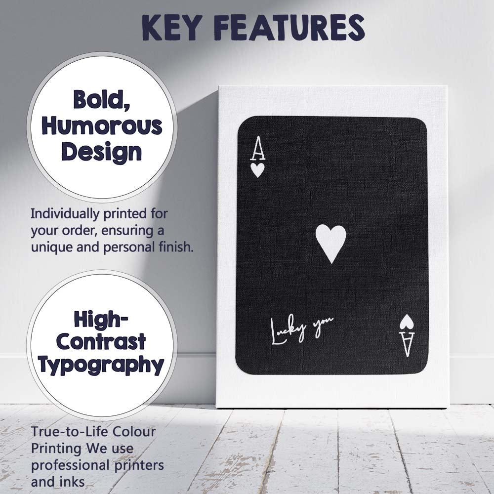 Minimalist Black Lucky You Ace of Hearts Dark Background Playing Card Canvas Wall Art Print Decor Picture Ready to Hang