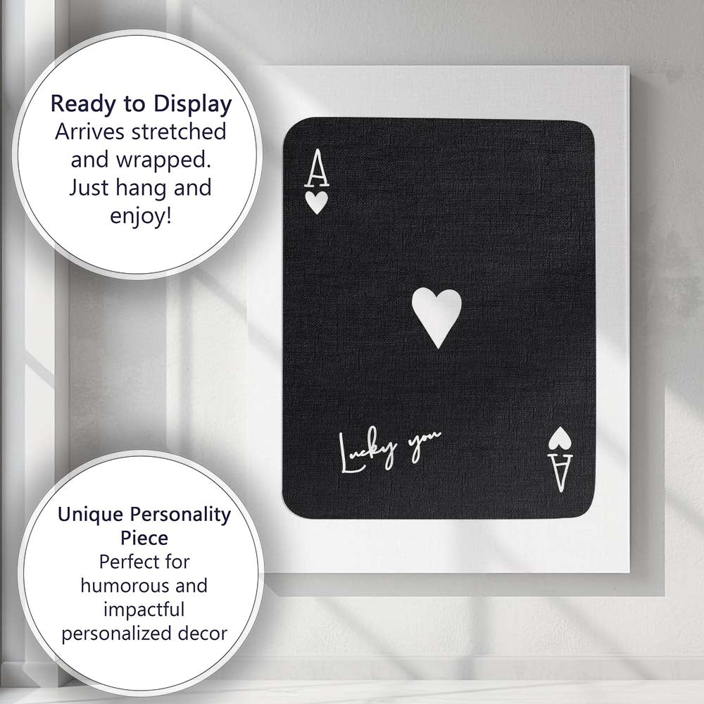 Minimalist Black Lucky You Ace of Hearts Dark Background Playing Card Canvas Wall Art Print Decor Picture Ready to Hang