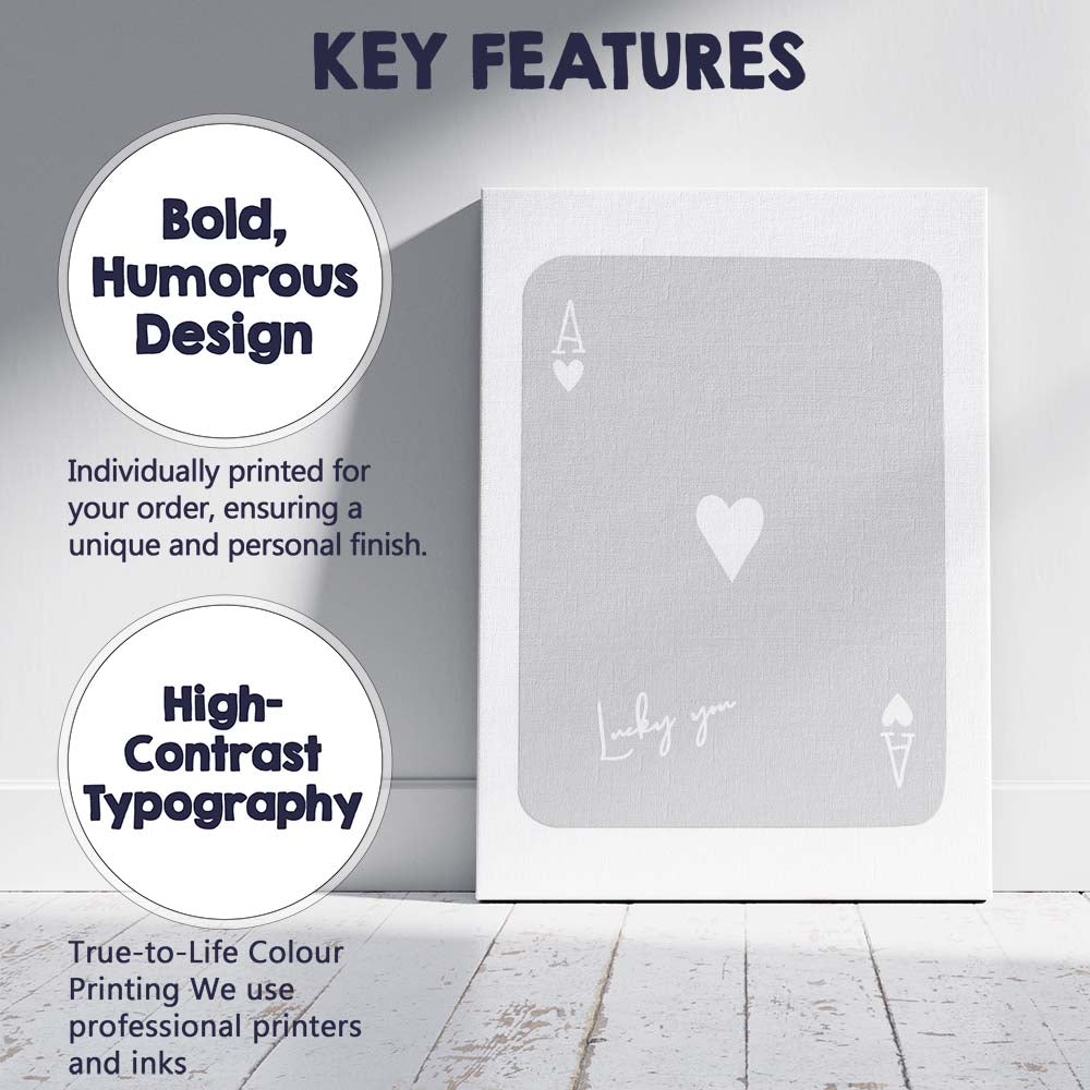 Minimalist Grey Lucky You Ace of Hearts Playing Card Canvas Wall Art Print Decor Picture Ready to Hang