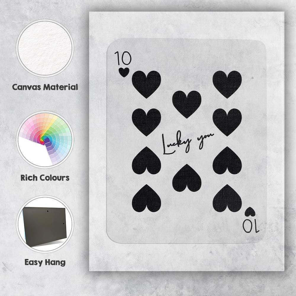 Minimalist Black Ten of Hearts Lucky You Playing Card Canvas Wall Art Print Decor Picture Ready to Hang