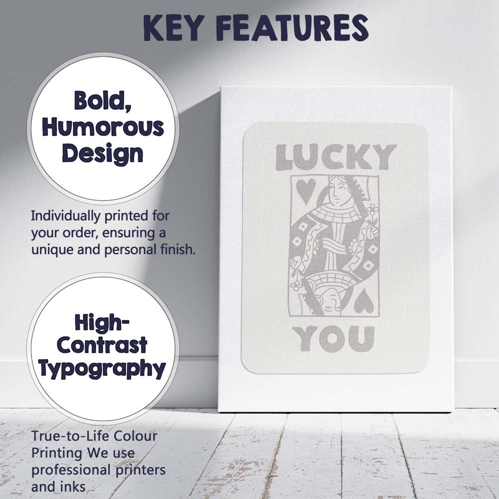 Minimalist Neutral Lucky You Queen of Hearts Playing Card Typography Canvas Wall Art Print Decor Picture Ready to Hang