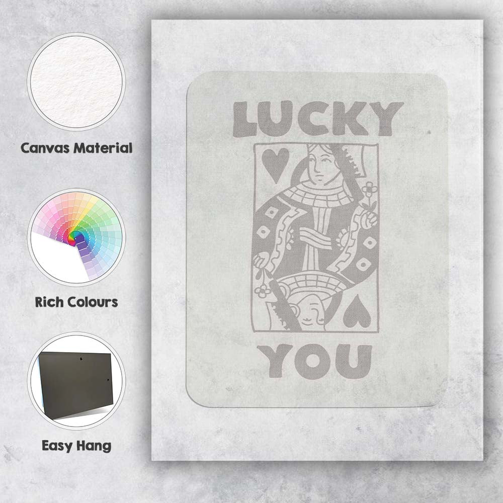 Minimalist Neutral Lucky You Queen of Hearts Playing Card Typography Canvas Wall Art Print Decor Picture Ready to Hang